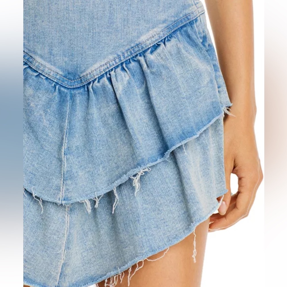 MOTHER THE RUFFLE MINI RAW EDGE DISTRESSED DENIM JEAN MINI COASTAL COWGIRL SKIRT